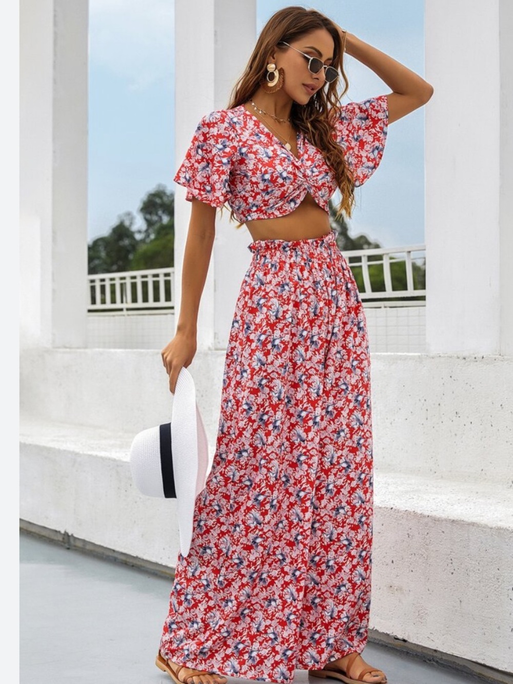 Mulvari Allover Floral Twist Top & Wide Leg Pants